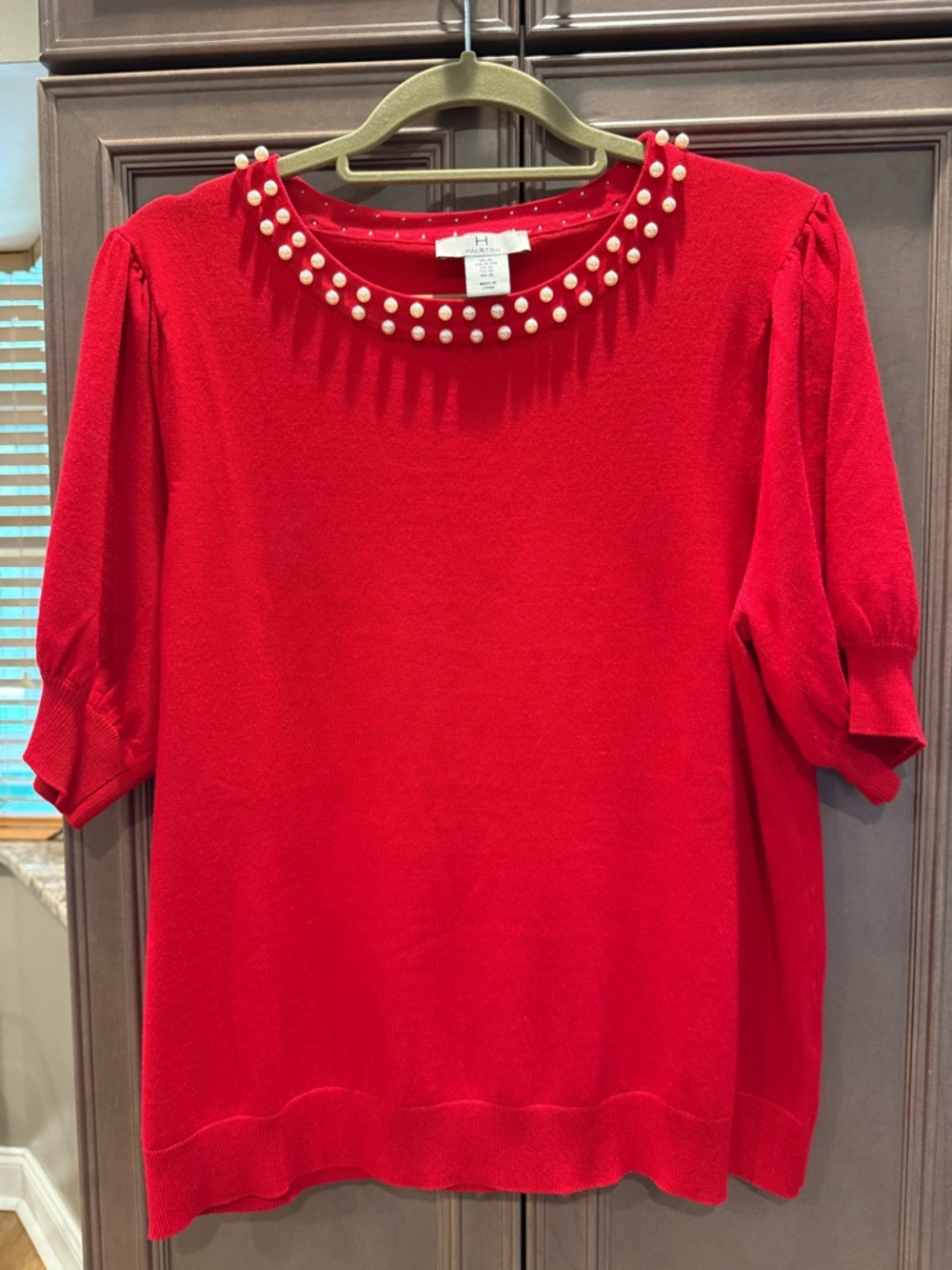 Halston XL Vibrant Red Crewneck Sweater Blouse with Pearl Trim and Puff Sleeves